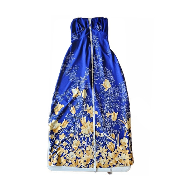 Nani Of Hawaii Vintage Elegant Blue and Cream Floral Maxi Halter Dress - Picture 8 of 15